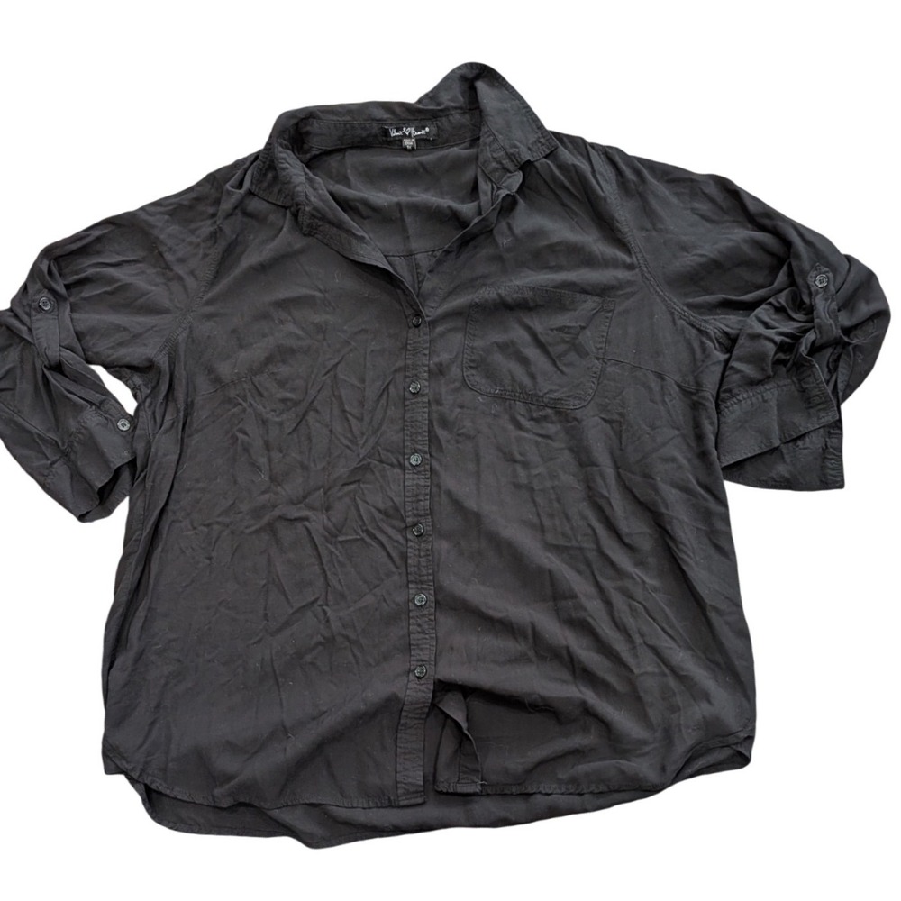 Velvet Heart Y2K Black Rayon Roll-Tab Button‎ Down Shirt Wmns 1X Plus Sz Blouse